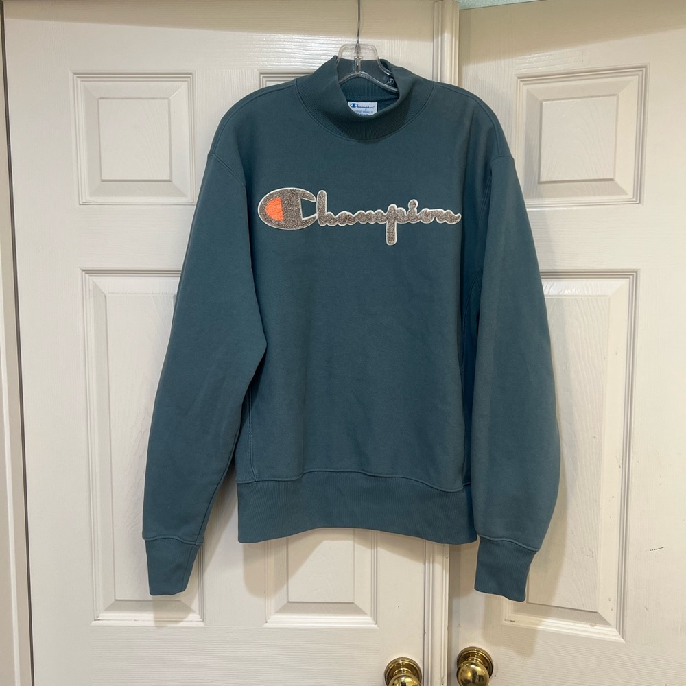 Vintage Champion Sweatshirt Women M‎ Teal Mock Neck Carpet Texture Reverse Weave